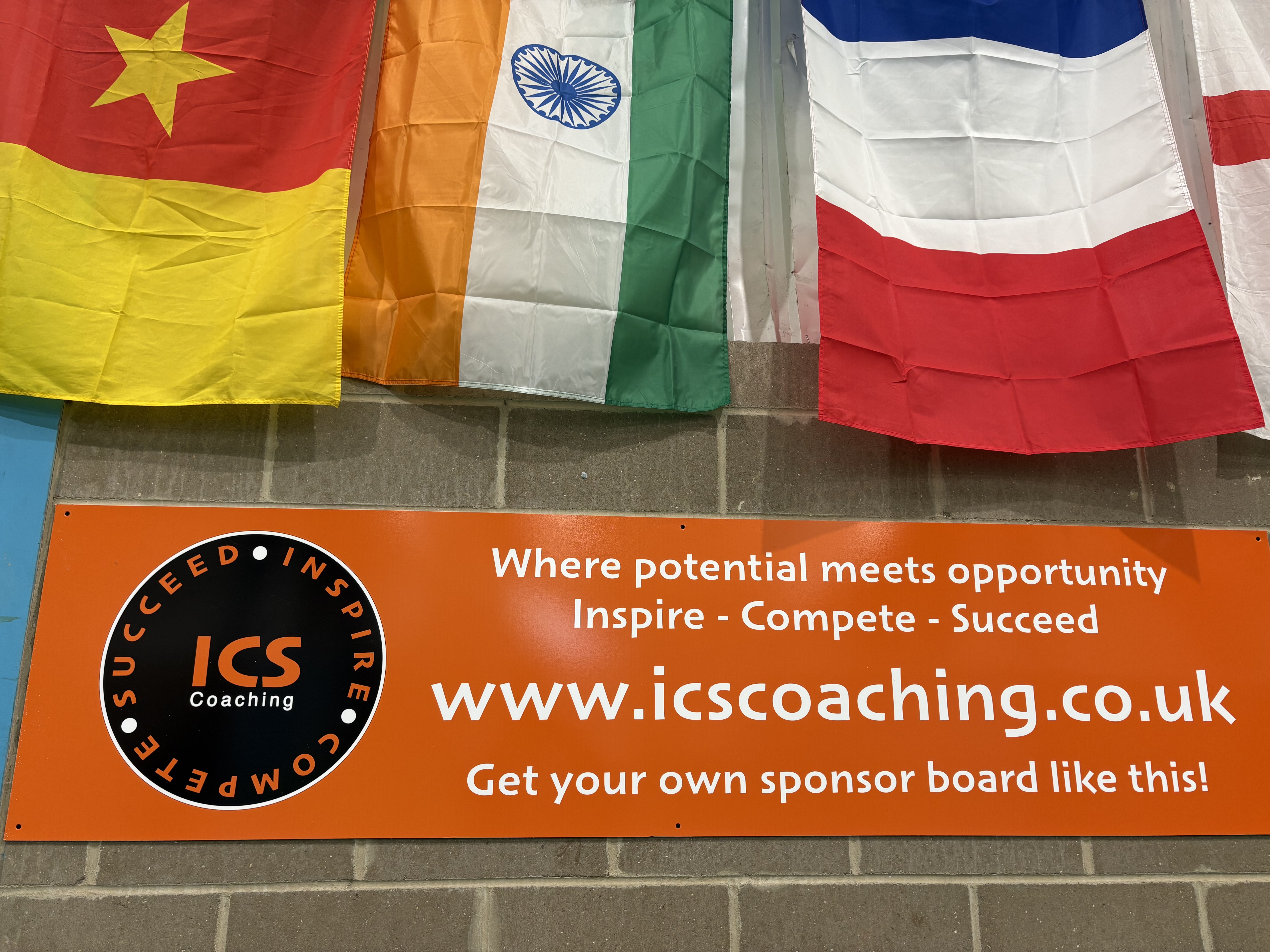 ICS Coaching sponsor board at The Inspire Arena