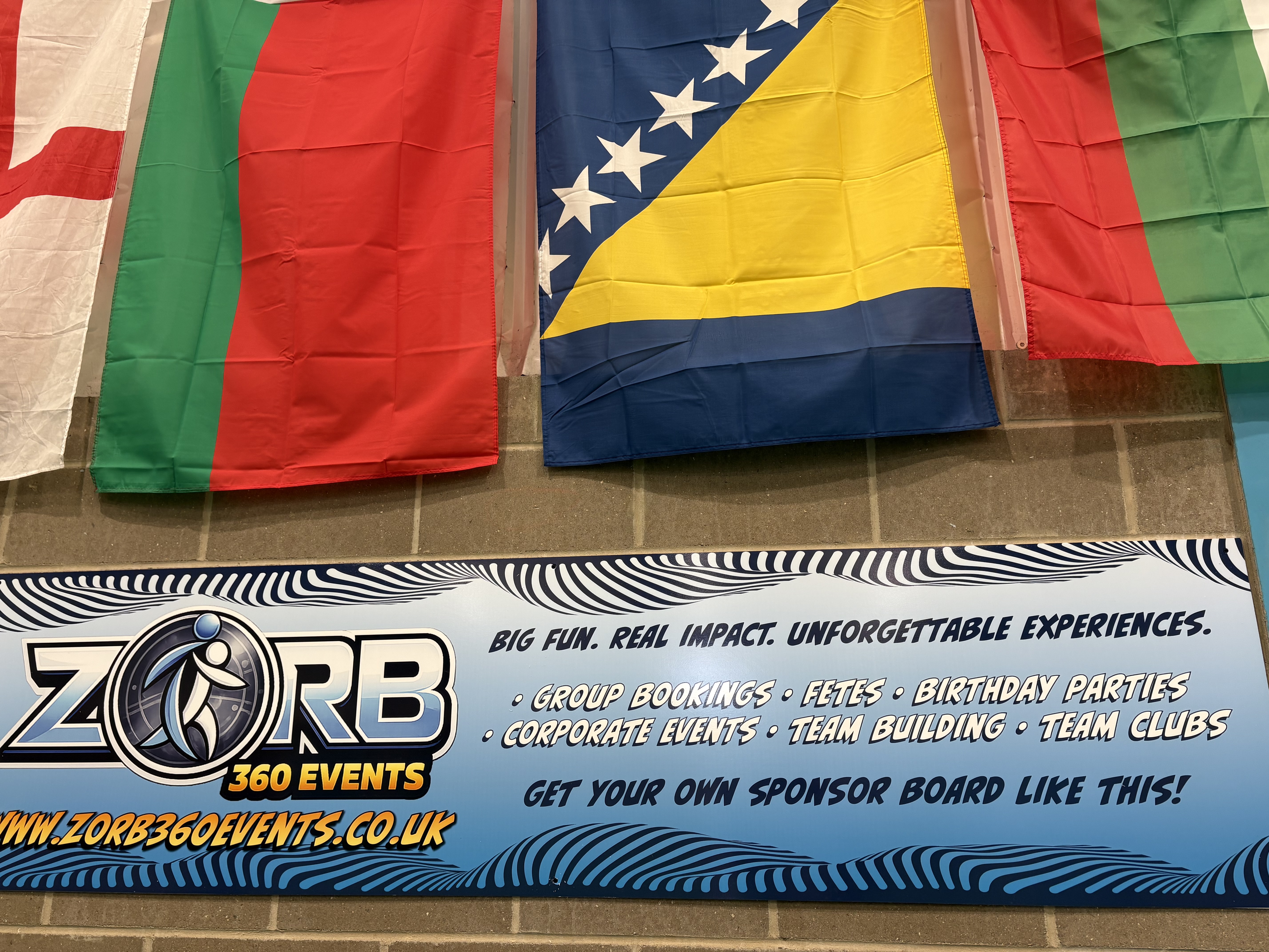 ZORB 360 Events sponsor board at The Inspire Arena